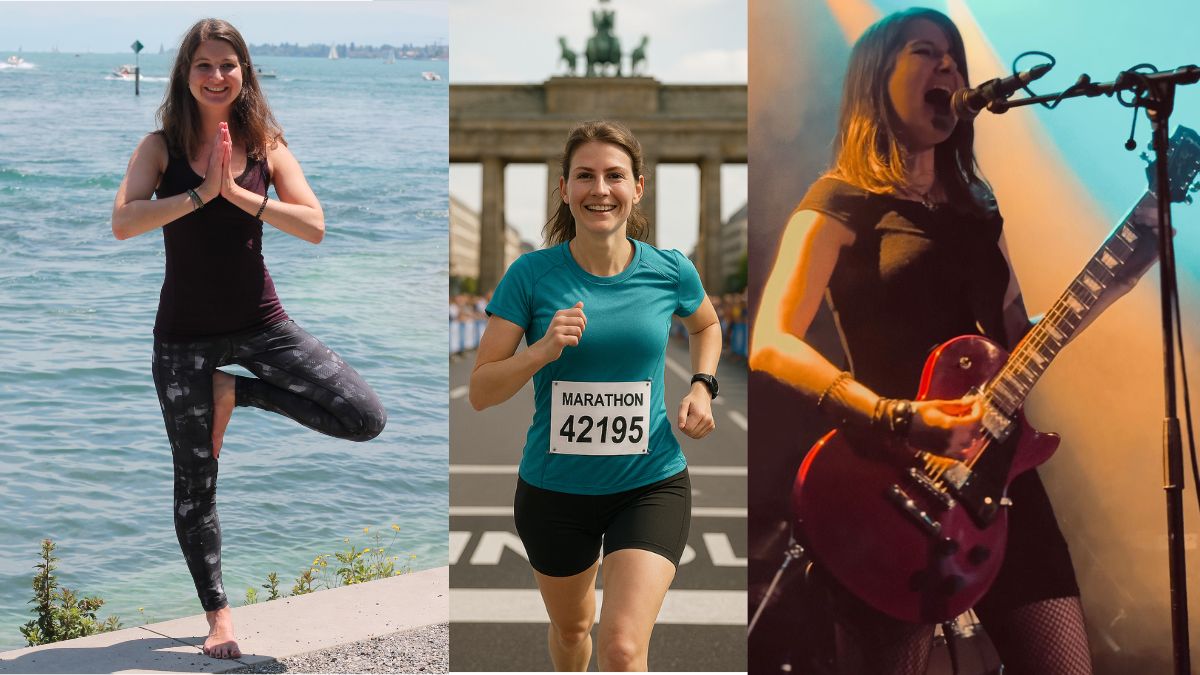 Verschiedene Hobbys: Yoga, Marathon, Musik